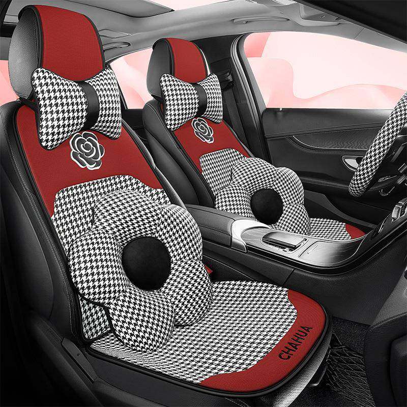千鸟格花朵汽车座垫四季通用五座无包围小蛮腰卡通座椅垫防滑垫,淘宝优惠券,粉丝福利购,淘宝优惠卷