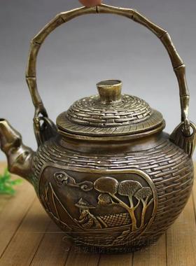古收钓杂项藏玩铜器复古黄铜壶姜太公鱼酒壶手提水壶茶壶YX-9-19-