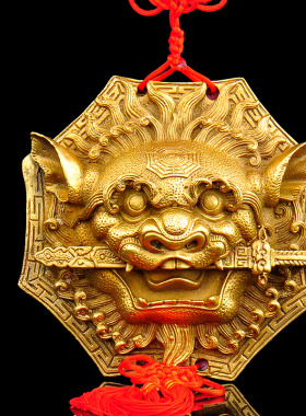 普生缘大小纯铜狮咬剑铜狮子兽头摆件挂件门饰家居客厅装饰品