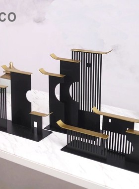 新中式黑色金属屋檐摆件酒店样板房客厅电视柜书柜桌玄关软装饰品