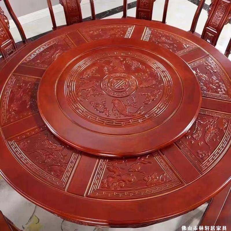 中式实木餐桌椅餐桌组合转盘橡木仿古雕花餐桌椅中式圆桌家用古典,淘宝优惠券,粉丝福利购,淘宝优惠卷