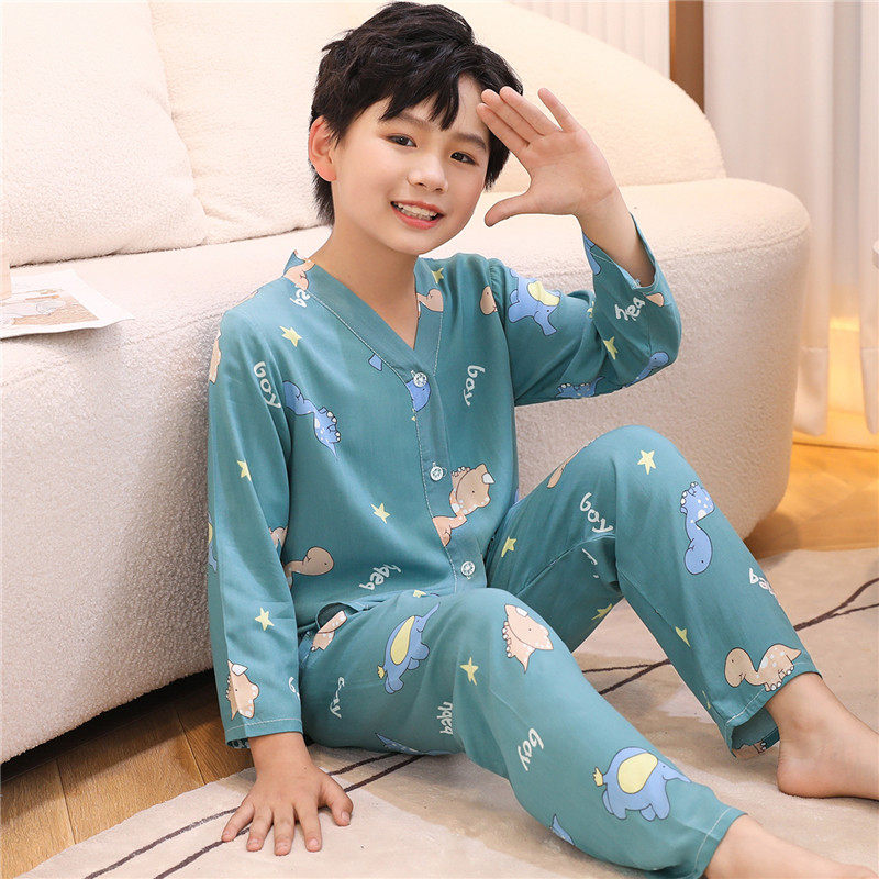 儿童睡衣男童春秋季长袖棉绸薄款卡通男孩中大童开衫家居服套装夏,淘宝优惠券,粉丝福利购,淘宝优惠卷