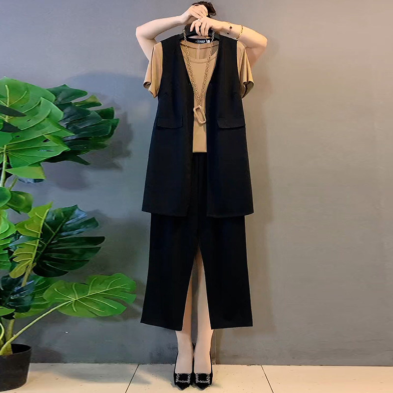 胖mm春夏款中长款马夹直筒休闲裤子短袖t恤打底衫三件套大码女装,淘宝优惠券,粉丝福利购,淘宝优惠卷