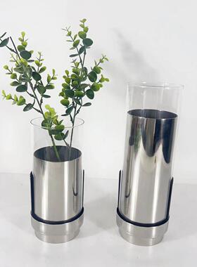 钢现简约5899不锈圆筒玻璃软插花花艺桌面花瓶摆件样板房售楼处代