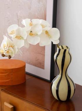 法中SQL古黑色条纹撞式葫色玻璃花瓶扭腰芦设计蝴蝶兰真仿花客厅