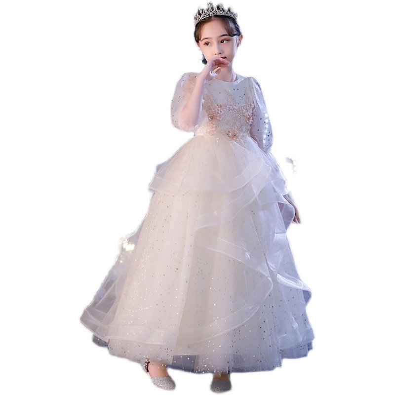 儿童礼服公主裙女童生日香槟色花童婚纱主持人钢琴演出服长袖秋冬,淘宝优惠券,粉丝福利购,淘宝优惠卷