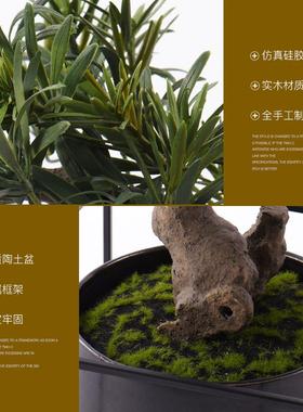 新栽式仿迎客松树盆中景样板房茶室铁艺盆玄关禅意HY1072空间景真
