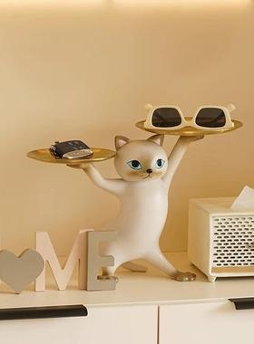 沙雕妖厅娆猫摆件客家迁FGE居摆装饰品玄关件钥匙收纳托盘新居乔