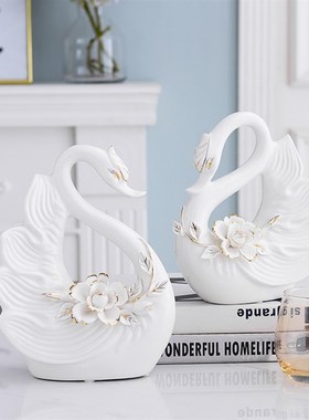 陶瓷天鹅摆件一对装饰品客厅电视机柜玄关酒柜家居送闺密结婚礼物