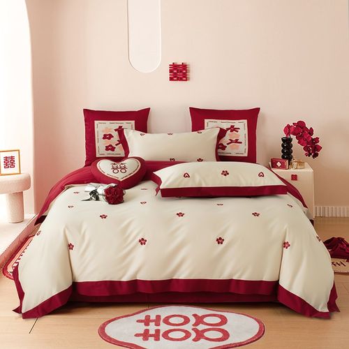 婚嫁结婚庆床品四件套大红粉色全棉纯棉陪嫁喜庆被套床单四季通用 - 图2