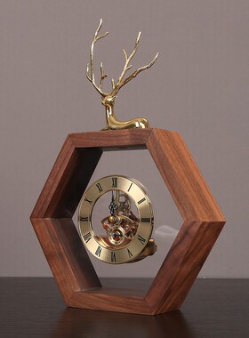 创意新中式胡桃木铜鹿座钟静音时钟台钟摆件客厅玄关卧室装饰钟表