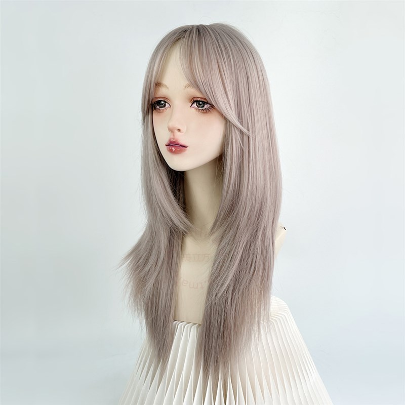 美立方假发全头套女灰粉色中分长直发无刘海高层次日常混血潮y2k - 图1