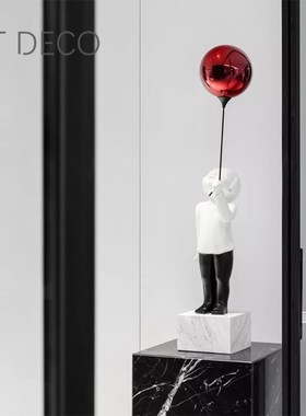 拿红气球男孩雕塑样板间客厅玄关大理石人像摆件极简现代软装饰品