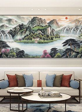 紫气东来靠图办公室字画装饰风景山水客厅挂画国画沙发背景墙壁画