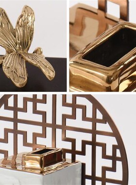 新中式禅意金属装饰罐玄关摆件样品屋展示中心书房软装饰品样板房