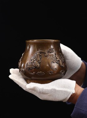 宽和五福临门纯黄铜香筒家用室内办公桌书房中式大号仿古中式笔筒