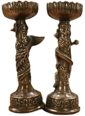 纯铜龙凤蜡台一对龙凤呈祥家居祠堂供奉装饰
