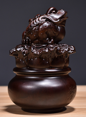 黑檀实木质雕刻金蟾聚宝盆摆件家居客厅公司店铺装饰开业乔迁送礼