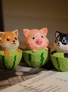 西瓜小动物手工木雕小摆件卡通趣味办公书桌面摆放装饰品学生送礼