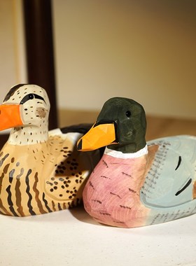 加油鸭子手工木雕小摆件卡通动物可爱木质雕刻送学生同事励志礼物