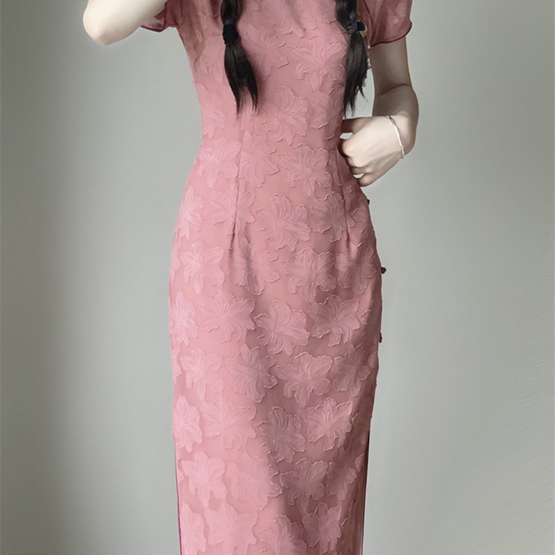 桃时复古民国风改良修身新中式日常粉色年轻款少女旗袍秋冬款 - 图1