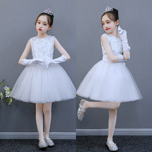 女童公主裙儿童蓬蓬纱裙白色礼服钢琴六一演出服毕业表演服装夏装 - 图0