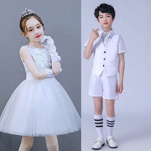 女童公主裙儿童蓬蓬纱裙白色礼服钢琴六一演出服毕业表演服装夏装 - 图1