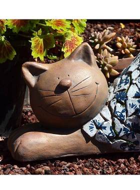 爱花园可中式小猫摆2.22青花庭院装饰摆件园户外阳花台家居件幼儿