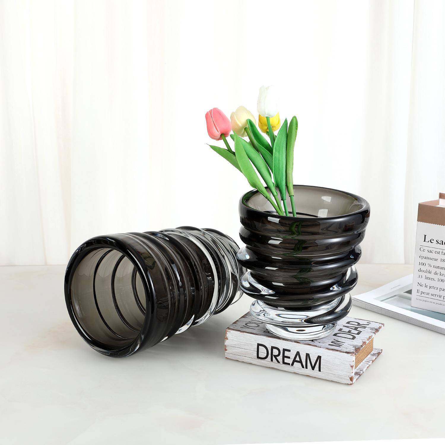 盛花简约灰色螺旋纹玻璃花瓶加重加厚插花器客厅样板间摆饰,淘宝优惠券,粉丝福利购,淘宝优惠卷