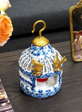 费灵家居青花陶瓷手工黄铜鸟笼造型家居装饰烛台摆件蜡台摆设出口