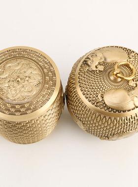 黄铜茶罐五叶牛茶叶盖茶罐福字叶罐铜带茶叶罐128存茶罐家居桌面