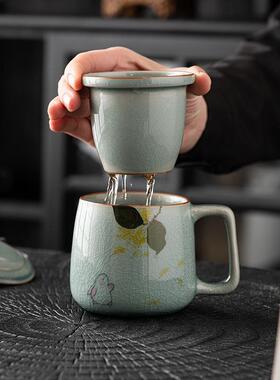 冰片手绘玉兔马克杯带盖办公室泡茶杯个人专用茶水分离杯子陶瓷杯