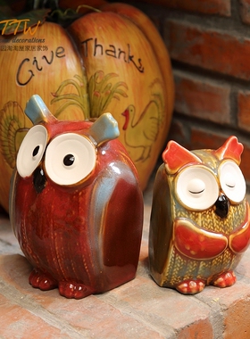 红蓝系列乡村风格陶瓷釉面彩色猫头鹰装饰家居摆件