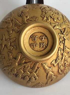 铜碗纯铜古玩古法铸造复古黄铜包浆百子千孙百福五牛碗百福碗摆件