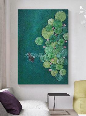 顺】客厅ETY好运莲莲绘画玄关绿色荷丰花叶肌理手装饰壁油画立体