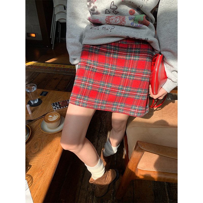 落落狷介 毛呢格子半身裙秋冬款2023新款红色包臀裙小个子半裙女 - 图0