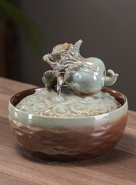 陶瓷流水摆件循环水小型喷泉百财聚宝盆办公桌茶台招财开 业