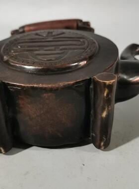 仿古复古铜圆铜壶古摆件复工梁艺铜圆形酒壶提壶家居装饰艺工品古