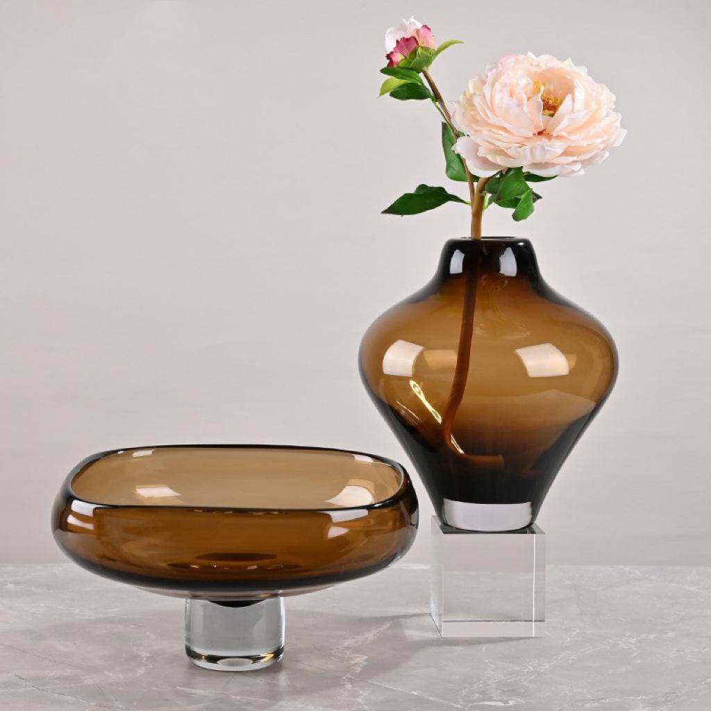 现代轻奢茶色琉璃花瓶果盘套装摆件酒店样板间玄关桌面软装饰品,淘宝优惠券,粉丝福利购,淘宝优惠卷