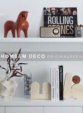 复古小众仿洞石几何艺术摆件样板间客厅书房陈列柜书挡软装工艺品