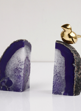 书房办公室桌面天然玛瑙轻奢摆件黄铜小鸟水晶书档靠立样板间装饰