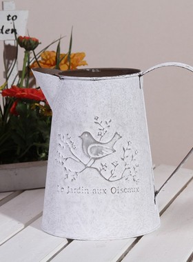 法式乡村铁皮桶干花花器复古做旧铁艺花园花插洒水壶花桶花器摆件