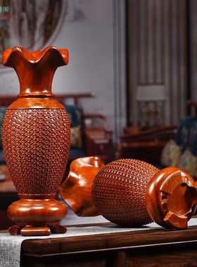 花梨木雕花瓶摆件实木底座可插花送礼工艺品红木家居地座客厅装饰