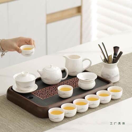 化德夫白瓷整套功茶具套装家用羊脂厅玉泡茶F9966886壶盖碗茶杯客 - 图2