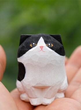 手工木雕奶牛猫摆件软萌可爱办公桌面装饰实木雕刻玩W偶创意小礼