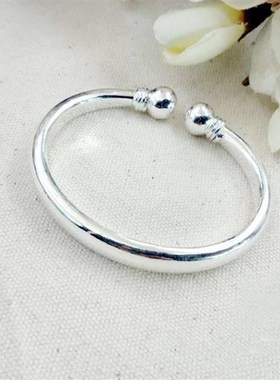 999纯银手镯女款 光面开口蒜头对珠手镯扁 手工订做 银饰生日礼物