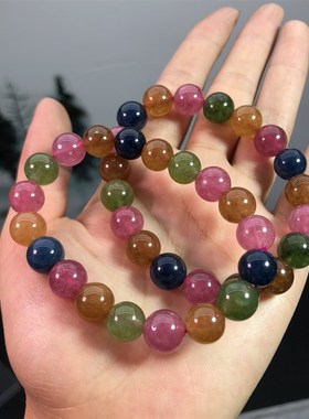 捡漏天然碧玺玉单圈手链彩色珠子招桃花旺夫石礼物饰品女