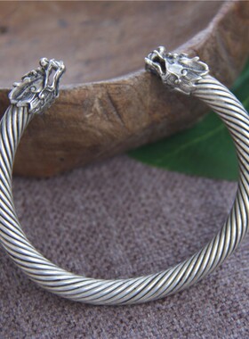 云南民族风镀银龙头实心粗圆开口手镯时尚复古个性厚重镯子男女款