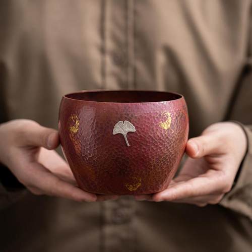 手5229工纹铜锤茶洗日式茶建水钵干桶泡茶渣紫铜镶银茶杯水盂笔洗 - 图1