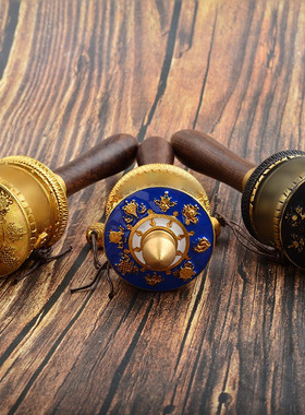 藏传纯铜法器八吉祥彩绘莲花金母度筒手摇选转转金轮可绿色手摇三